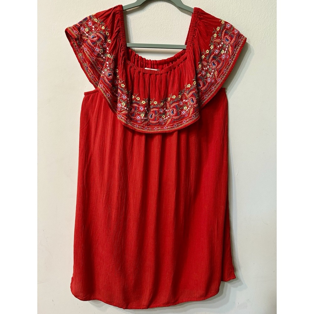 Arizona Jean Co Red Embroidered Off Shoulder Ruffle Dress Womens Small Boho